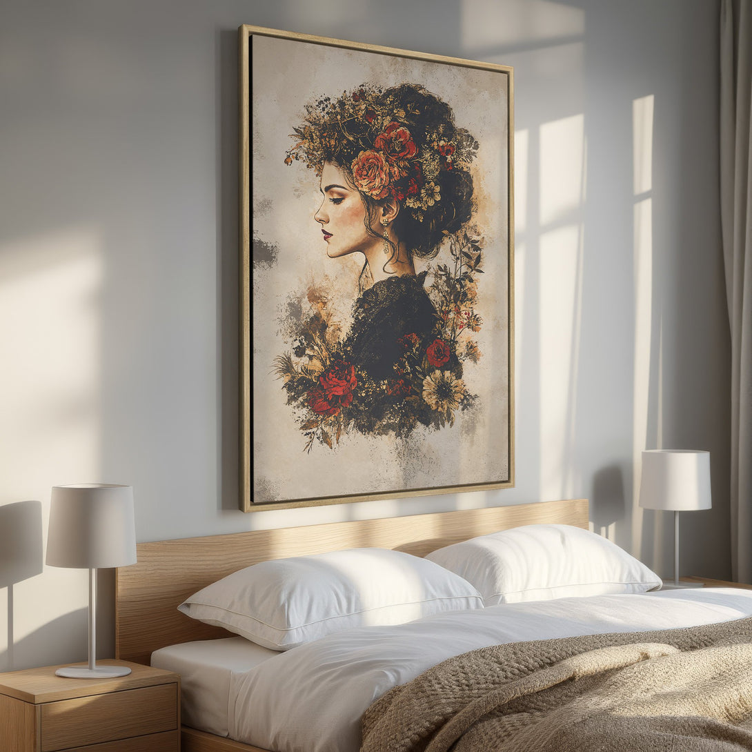 Framed Wall Art featuring a woman with a floral crown, warm color palette. Perfect bedroom decor! Shop our Canvas Print collection today.
