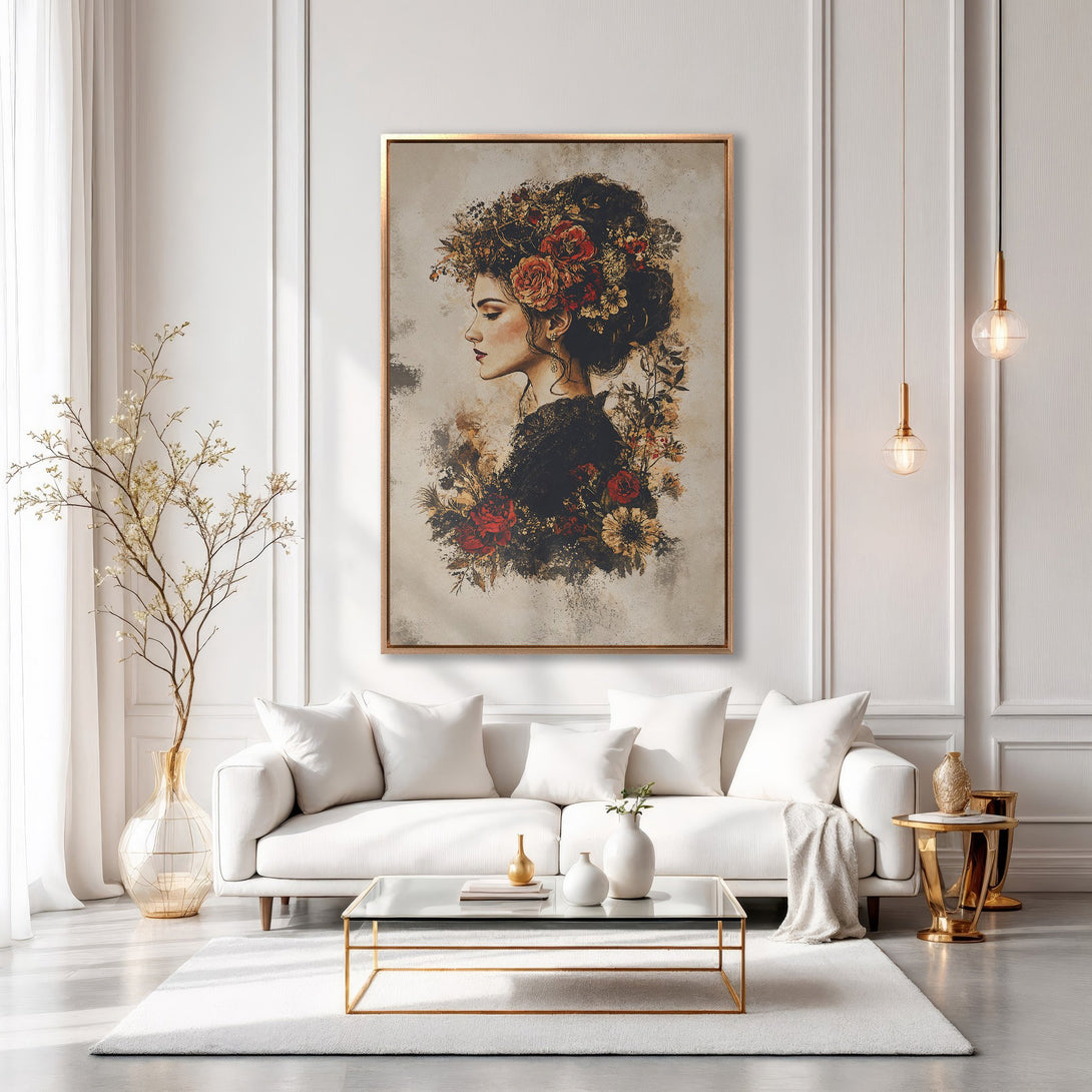 Framed Wall Art: Elegant woman portrait with floral crown. Stylish, vintage-inspired art in warm, earthy tones. Perfect for adding a touch of sophistication.