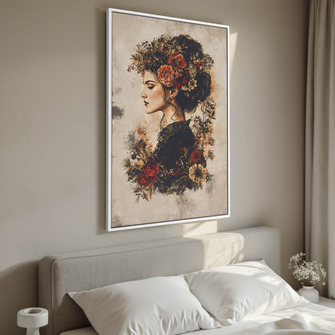 Framed Wall Art: Elegant portrait of a woman with floral headdress in warm, earthy tones. Perfect for bedroom decor.
