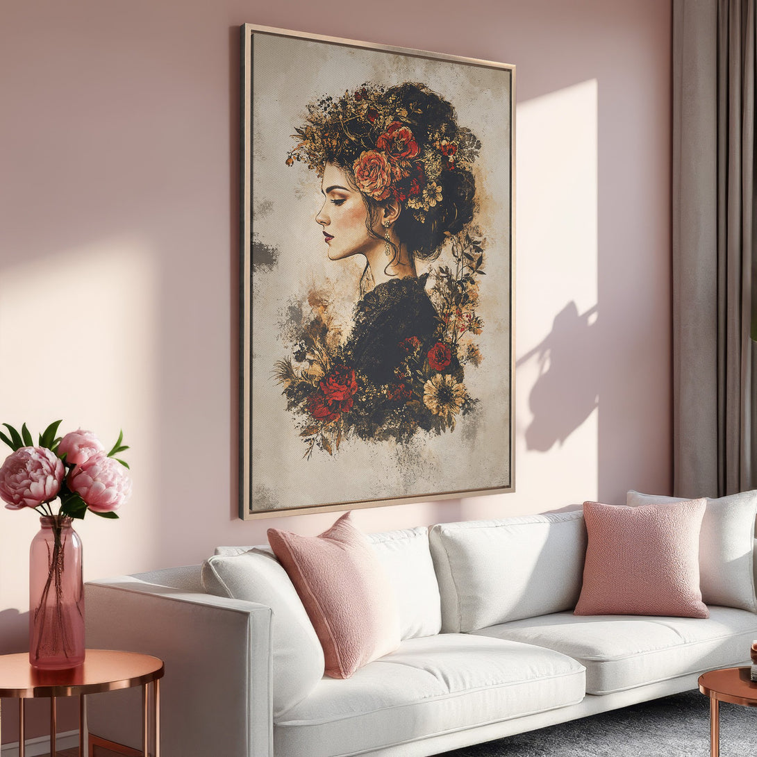 Framed Wall Art of a woman with floral crown, vintage style, warm red and neutral color palette, perfect for living room decor.