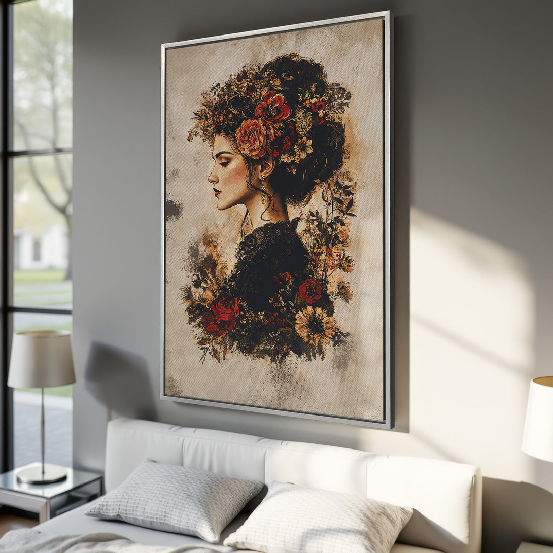 Framed Wall Art featuring a woman with floral headpiece, vintage style, warm earth tones and pops of red. Perfect bedroom decor!