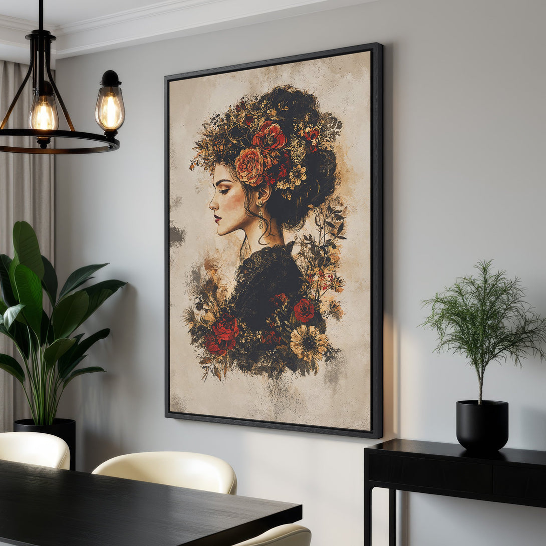 Framed Wall Art: Vintage portrait of woman with floral crown, warm red, gold, and brown tones. Elegant decor for living room or dining area.