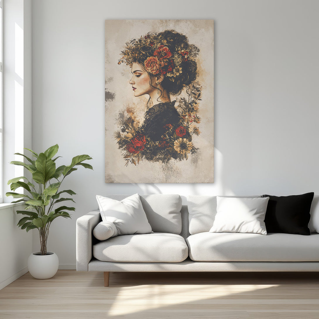 Framed Wall Art featuring a woman with floral crown, warm color palette. Elegant decor for bedroom. Enhance your space with this stunning Canvas Print.