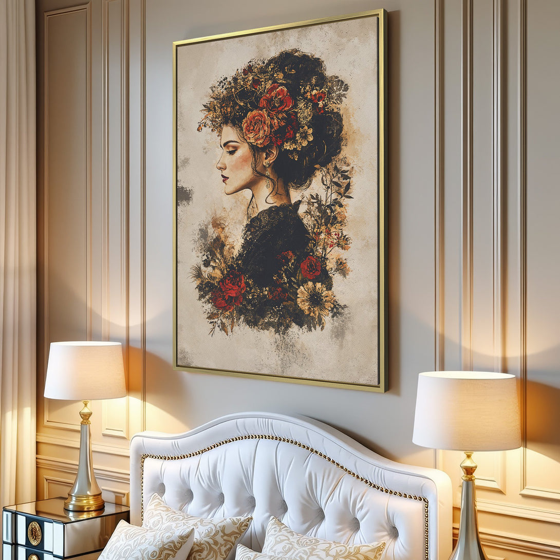 Canvas Print of a woman with floral headpiece, vintage style, warm earthy tones. Perfect wall art for your home!