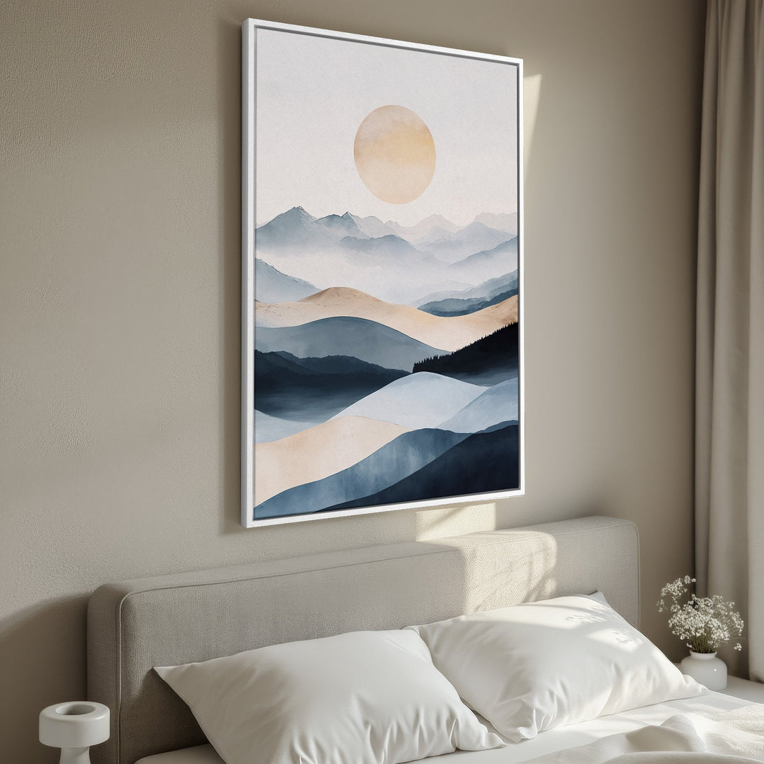 Framed Wall Art featuring an abstract landscape with mountains and a sun, in a calming blue and beige color palette. Perfect for bedroom decor.