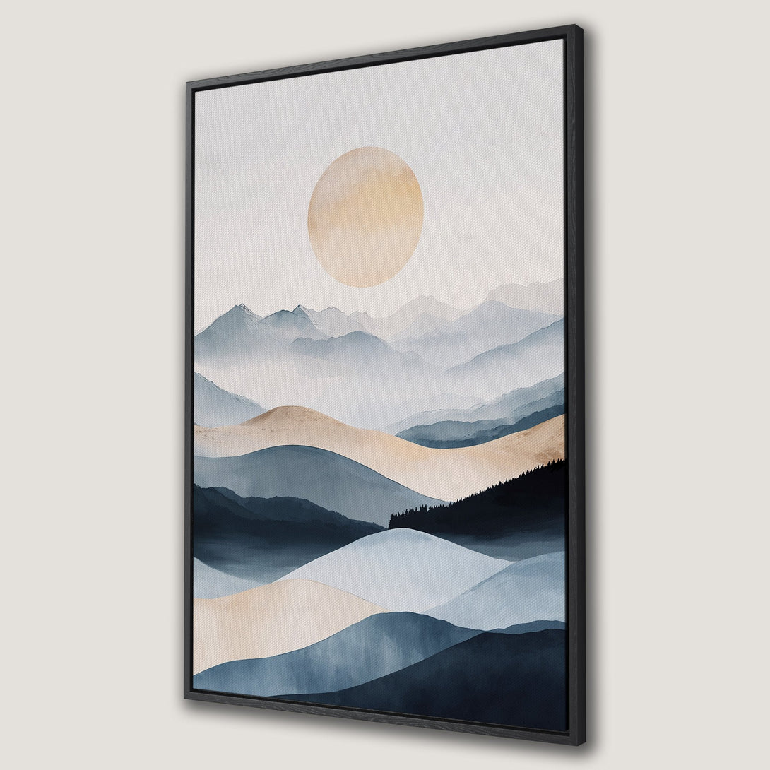 Framed Wall Art: Abstract mountain landscape Canvas Print in blue, beige, and gold. Modern art for home decor, perfect for adding a touch of serenity.