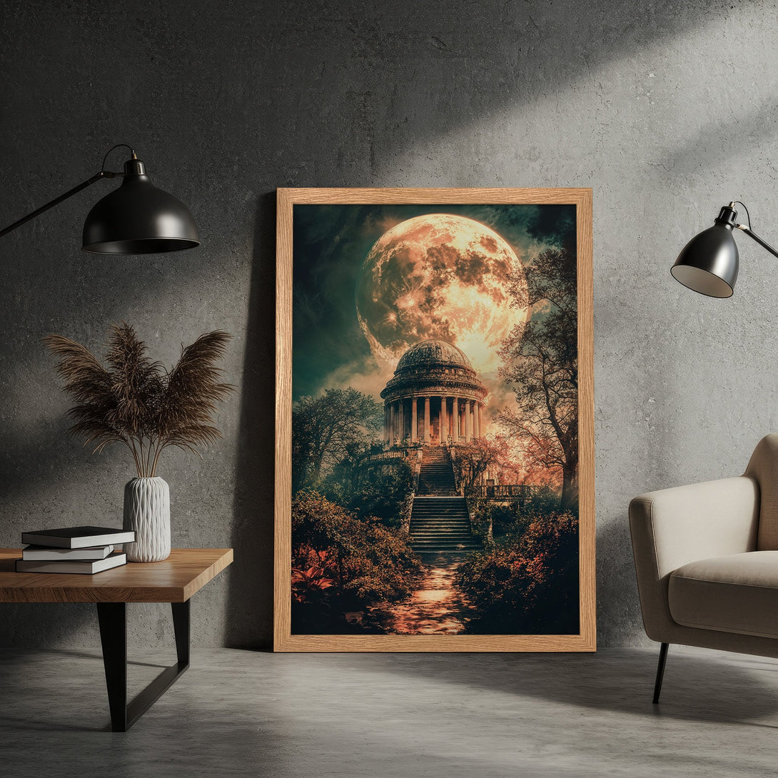 Framed Poster featuring a fantasy landscape with a large moon, in a warm color palette. Perfect wall art for your home!