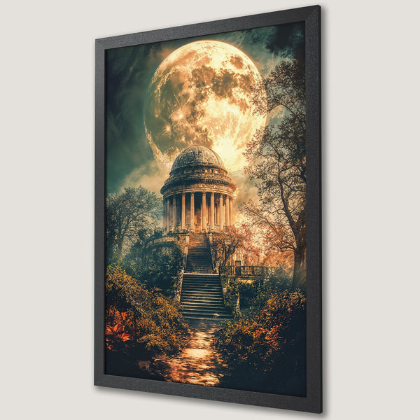 Framed Poster featuring a fantasy landscape with a temple under a giant moon, warm color palette and dramatic style. Perfect wall art.