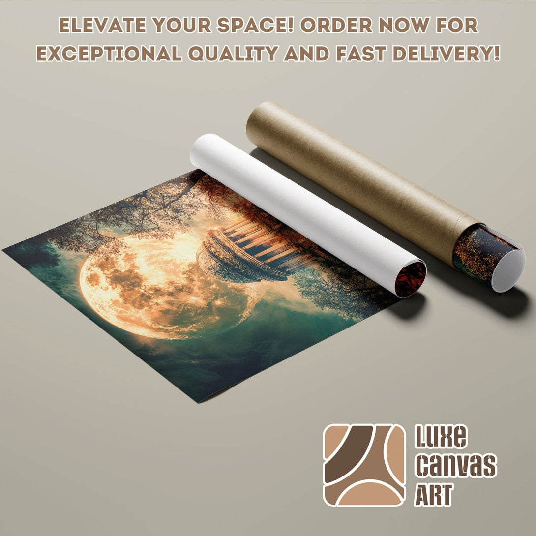 Poster roll with a surreal landscape, featuring a large moon and trees. Earthy tones and teal. Order your art now!