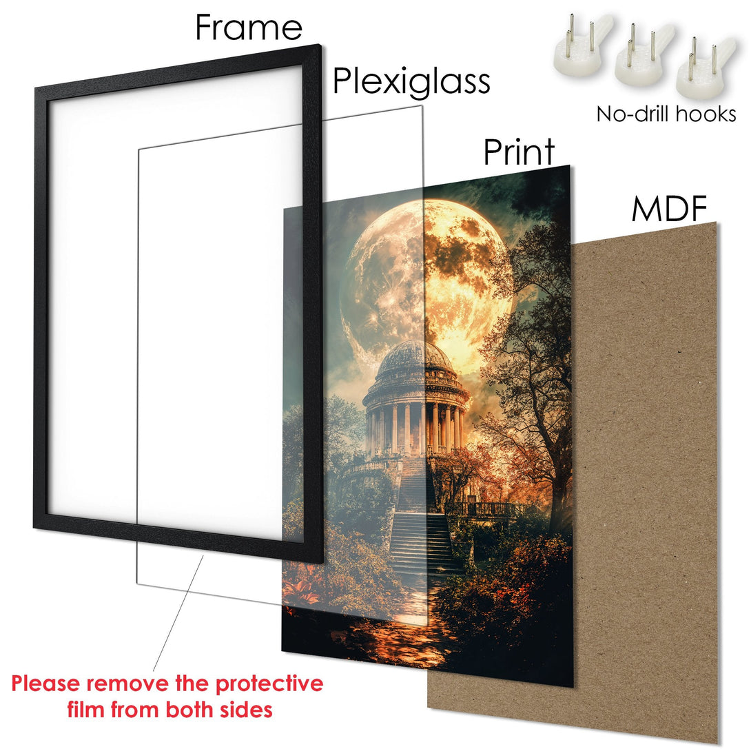 Framed Poster featuring a surreal landscape with a large moon. Warm color palette with oranges and browns. Perfect wall art!