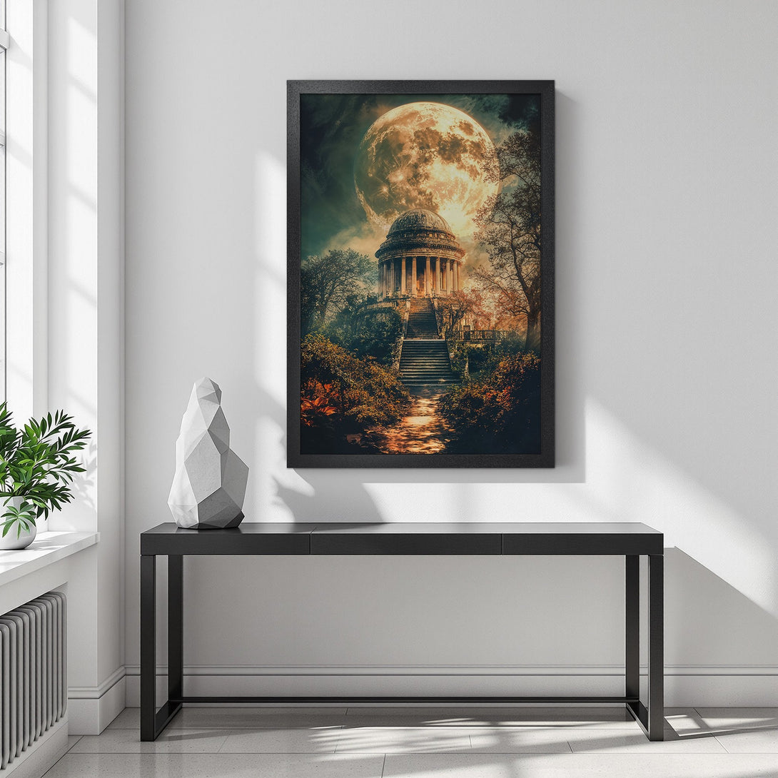 Framed Poster featuring a fantasy landscape with a temple under a full moon. Warm color palette, perfect wall art for your home.
