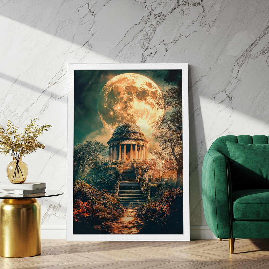 Framed Poster of a mystical landscape with a large moon. Features warm, earthy tones and a fantasy art style. Perfect wall art.
