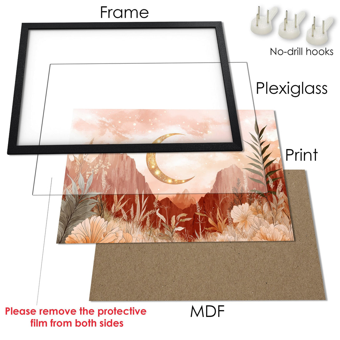 Framed Poster featuring a dreamy landscape with a warm color palette, perfect for adding a touch of art to your home.