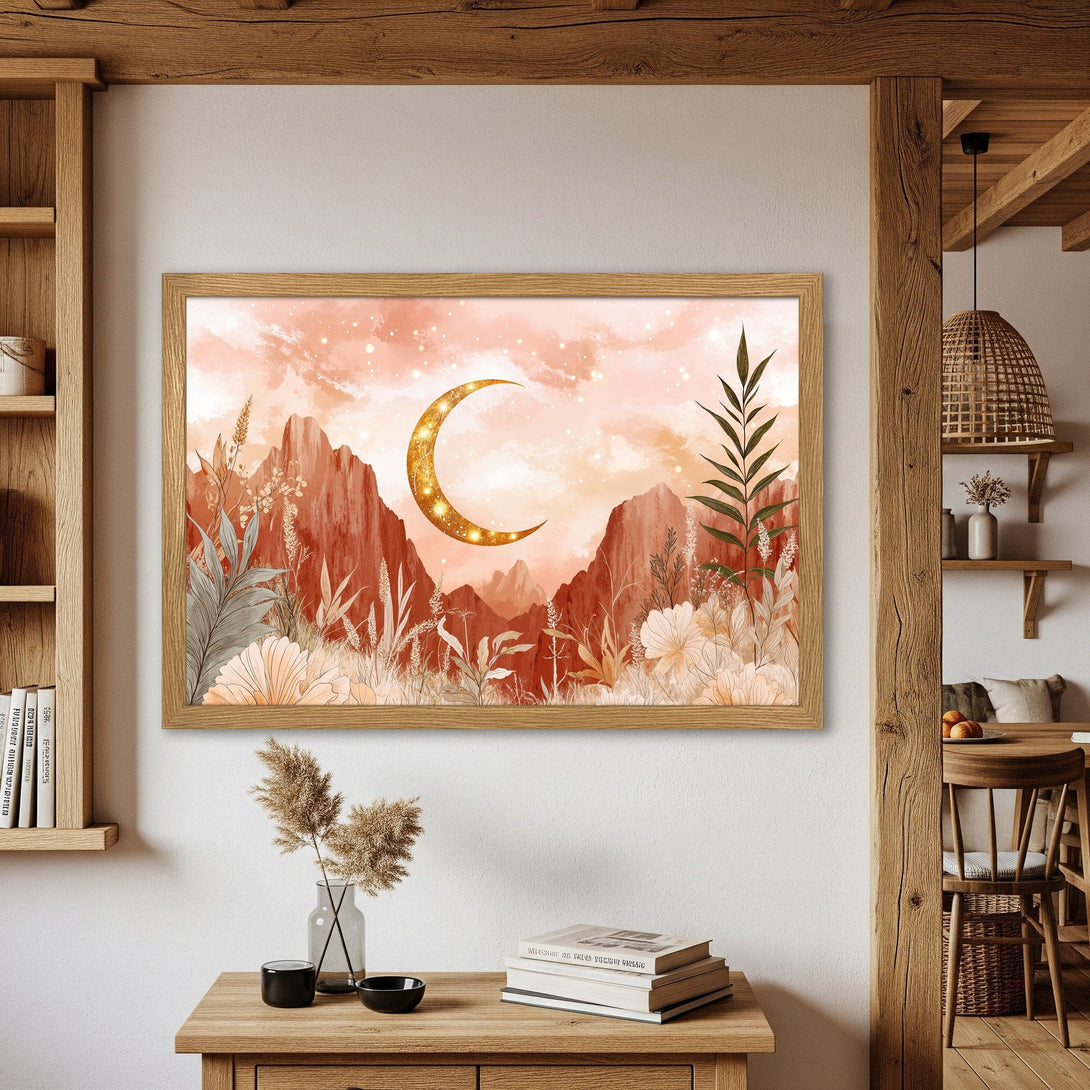 Framed Poster featuring a watercolor landscape with a golden moon, in a warm, earthy color palette. Perfect wall art for your home!