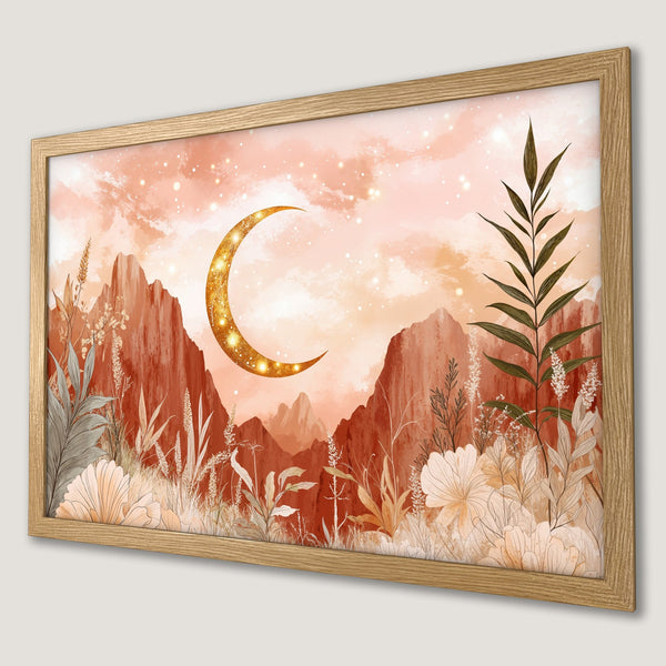 Framed Poster featuring a golden moon over a mountain landscape in warm earthy tones. Bohemian style art print.