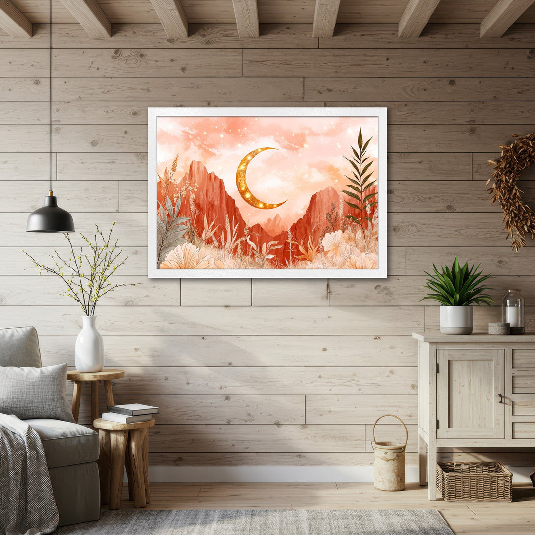 Framed Poster featuring a celestial landscape with a golden moon, warm orange and beige color palette, and a dreamy, artistic style. Perfect wall art!