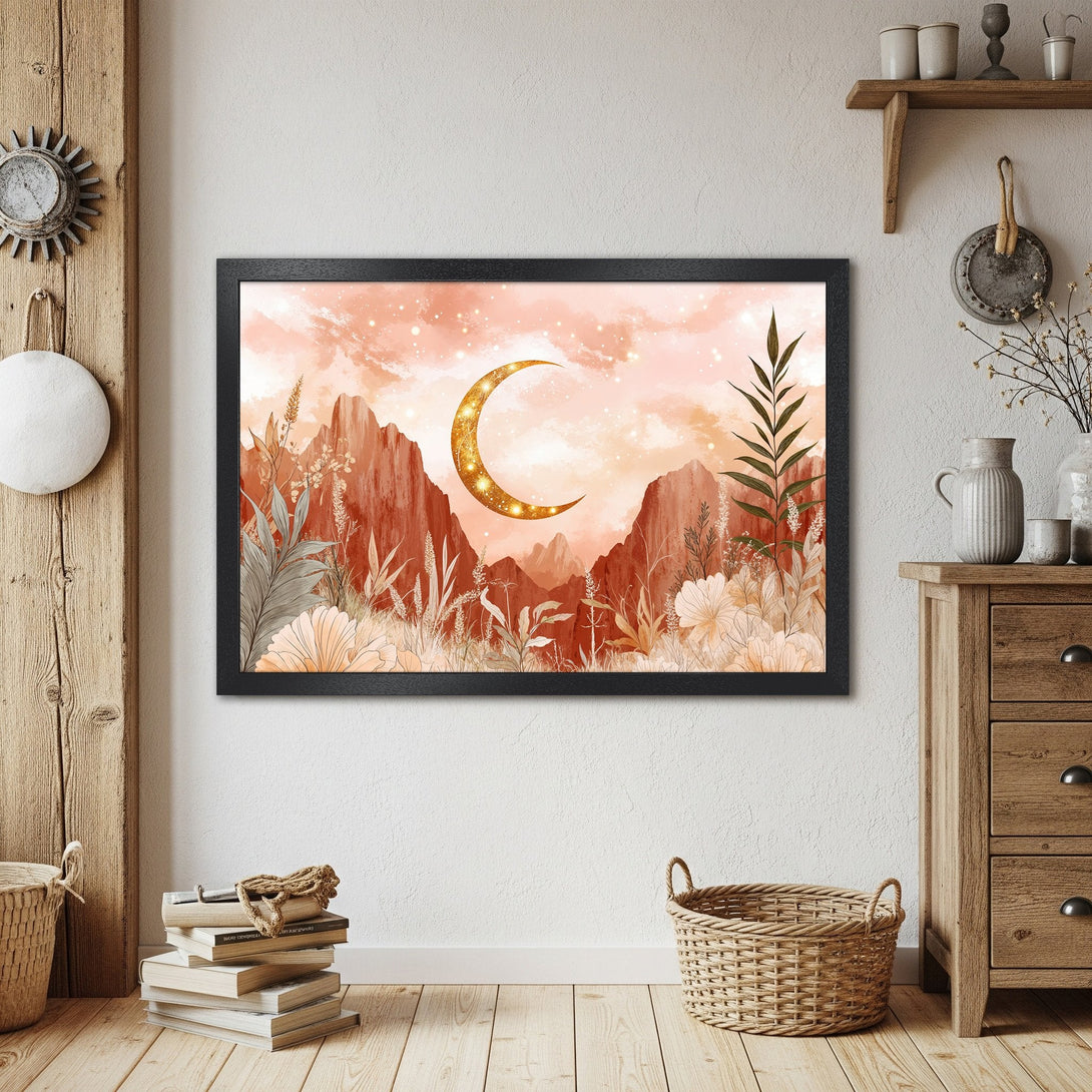 Framed Poster featuring watercolor moon and mountain landscape in warm, earthy tones. Perfect wall art for any room!