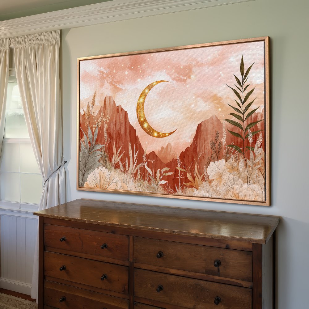 Boho Canvas Print with a golden moon over a desert landscape. Warm terracotta & peach tones create a calming, stylish wall art piece.