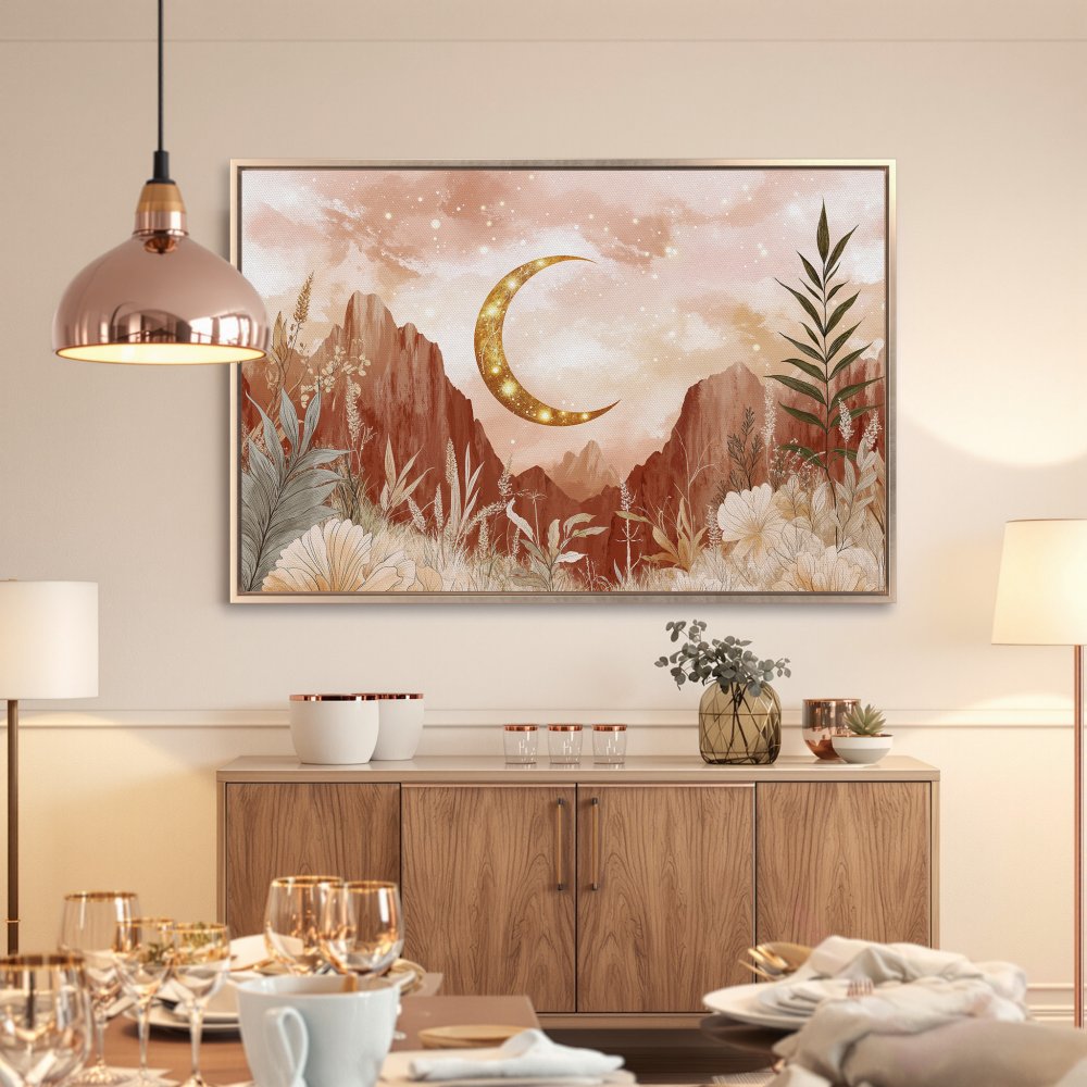 Framed Wall Art featuring a celestial landscape with a golden moon. Earthy tones of rust, beige, and green create a boho-chic style perfect for any interior.
