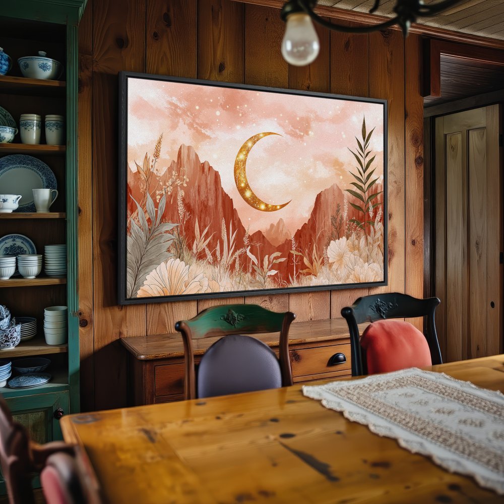 Framed Wall Art: Bohemian landscape with a golden moon in warm, earthy tones. Perfect for adding a touch of nature-inspired art to your home.