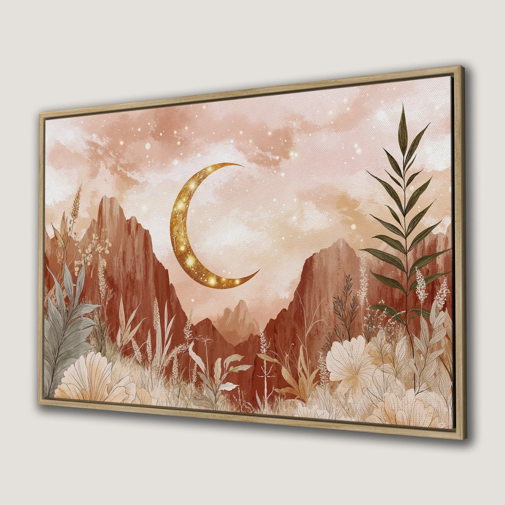 Canvas Print featuring a celestial landscape with a golden moon, mountains, and botanical details in warm earthy tones. Boho wall art.