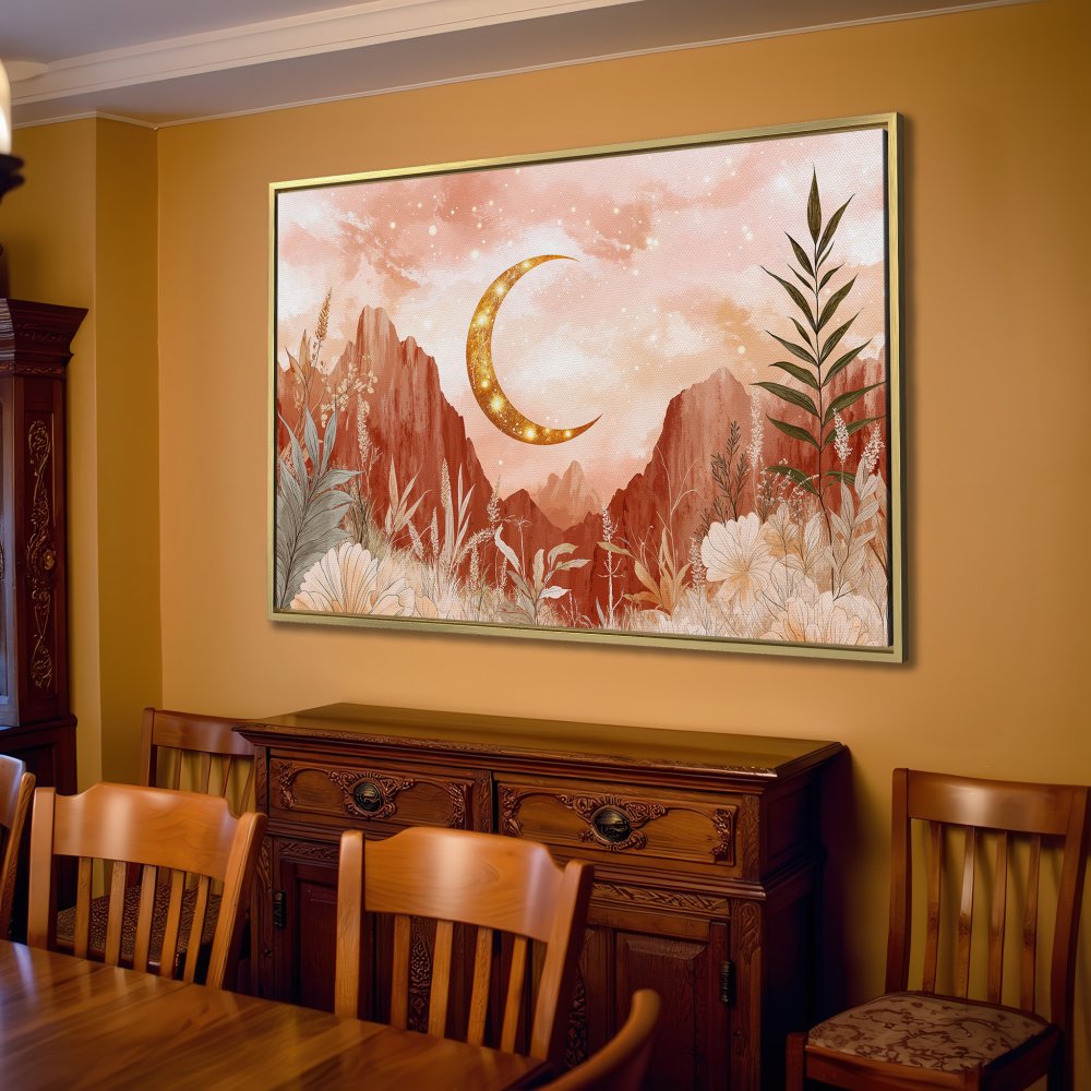 Canvas Print: Bohemian landscape art with a gold crescent moon, warm terracotta and neutral color palette, perfect for living room decor.