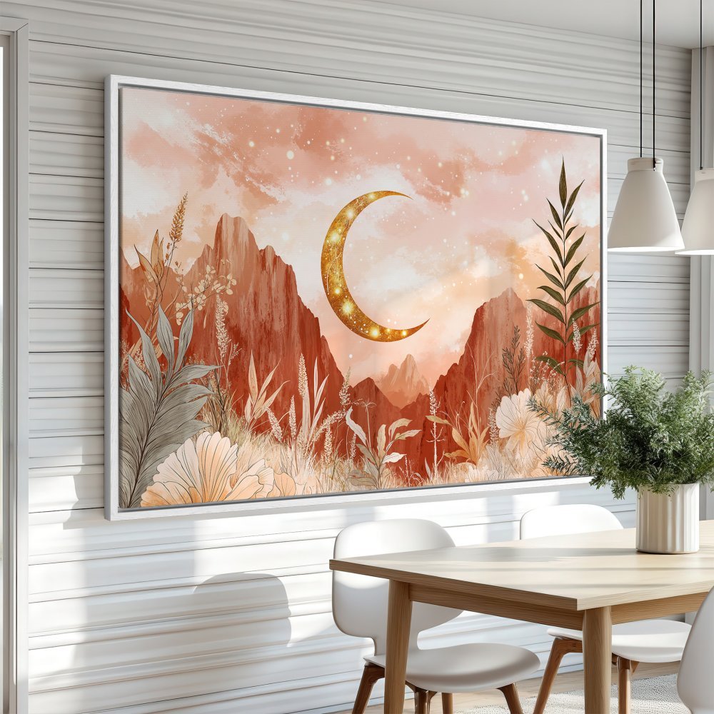 Framed Wall Art featuring a celestial landscape with a gold moon, mountains, and warm earthy tones. Perfect for adding a touch of boho style.