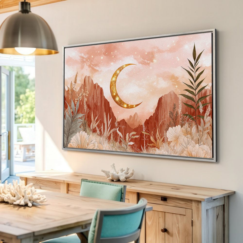 Framed Wall Art: Boho landscape Canvas Print with a golden moon over mountains. Warm terracotta and neutral color palette. Perfect for home decor!