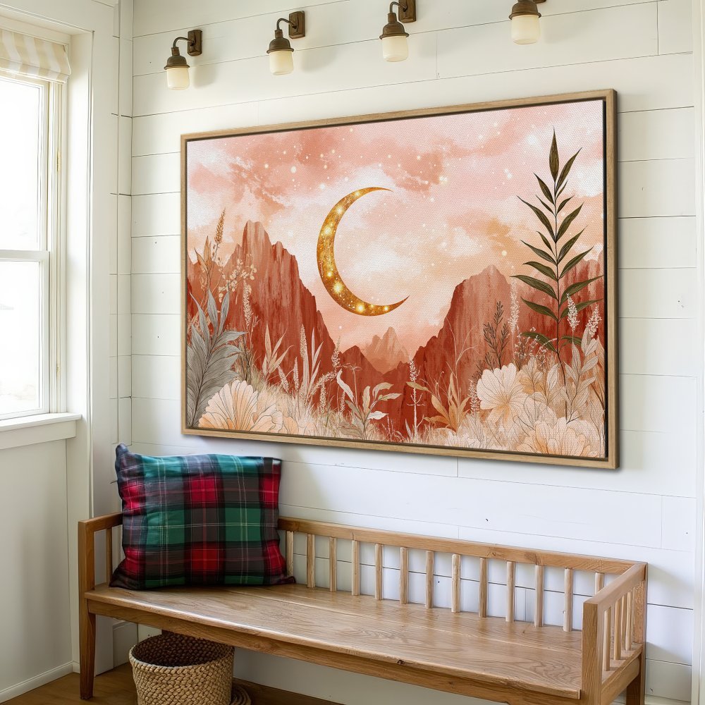Bohemian Canvas Print: Celestial landscape art with a gold moon, warm terracotta & peach tones. Elevate your space with this stunning framed wall art!