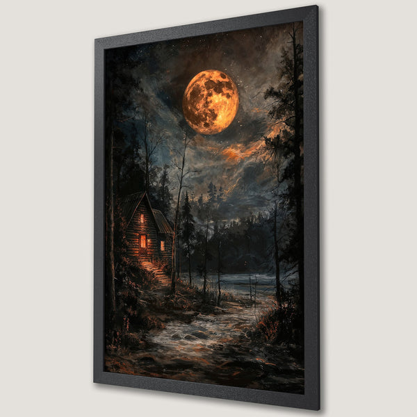 Framed Poster of a cabin in a forest under a full moon. Moody style with a dark, warm color palette. Perfect wall art!