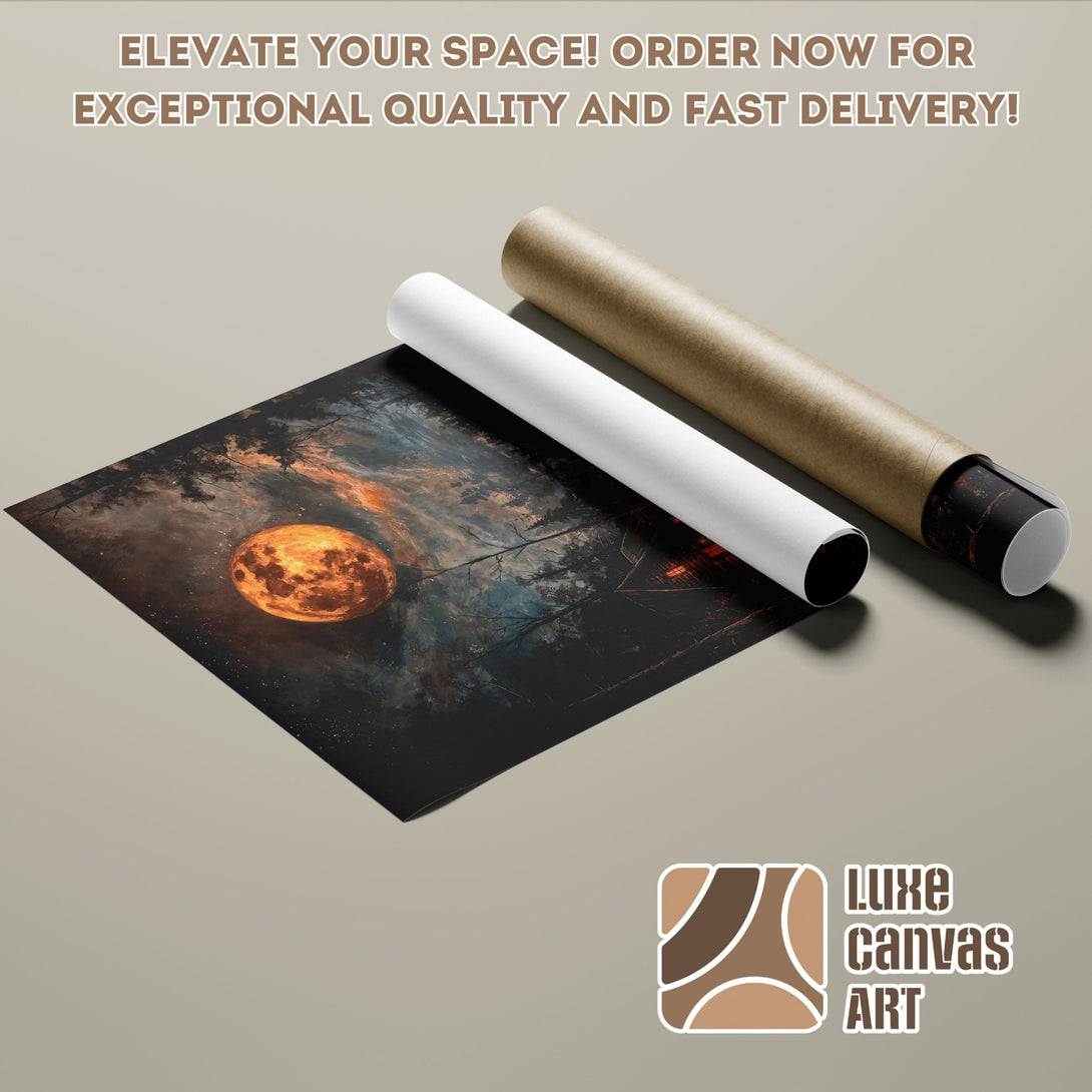 Poster Roll featuring a mystical landscape with a full moon, in a dark, moody color palette. Perfect wall art!