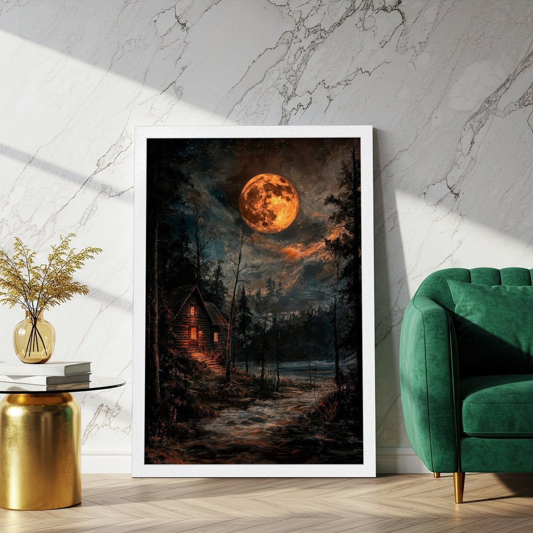 Framed Poster featuring a mystical landscape with a cabin under a glowing moon. Dark, moody style with warm orange and cool blue tones.