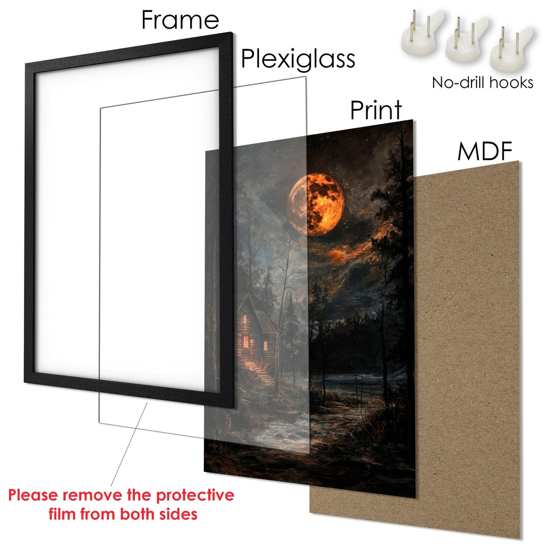 Framed Poster of a cabin under a fiery moon, dark and moody art style, with a warm, orange-dominant palette.