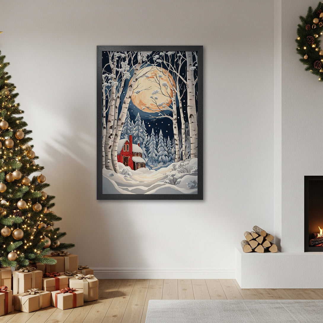 Framed Poster of winter scene with a red cabin, birch trees, and a full moon. Watercolor style, blue and white palette. Perfect winter decor.