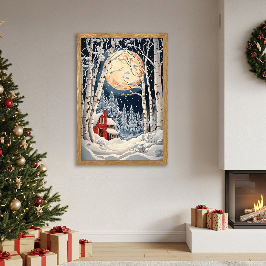 Framed Poster of winter scene with red house, birch trees, and moon. Cozy art in a blue, white, and warm color palette. Perfect for holiday decor.