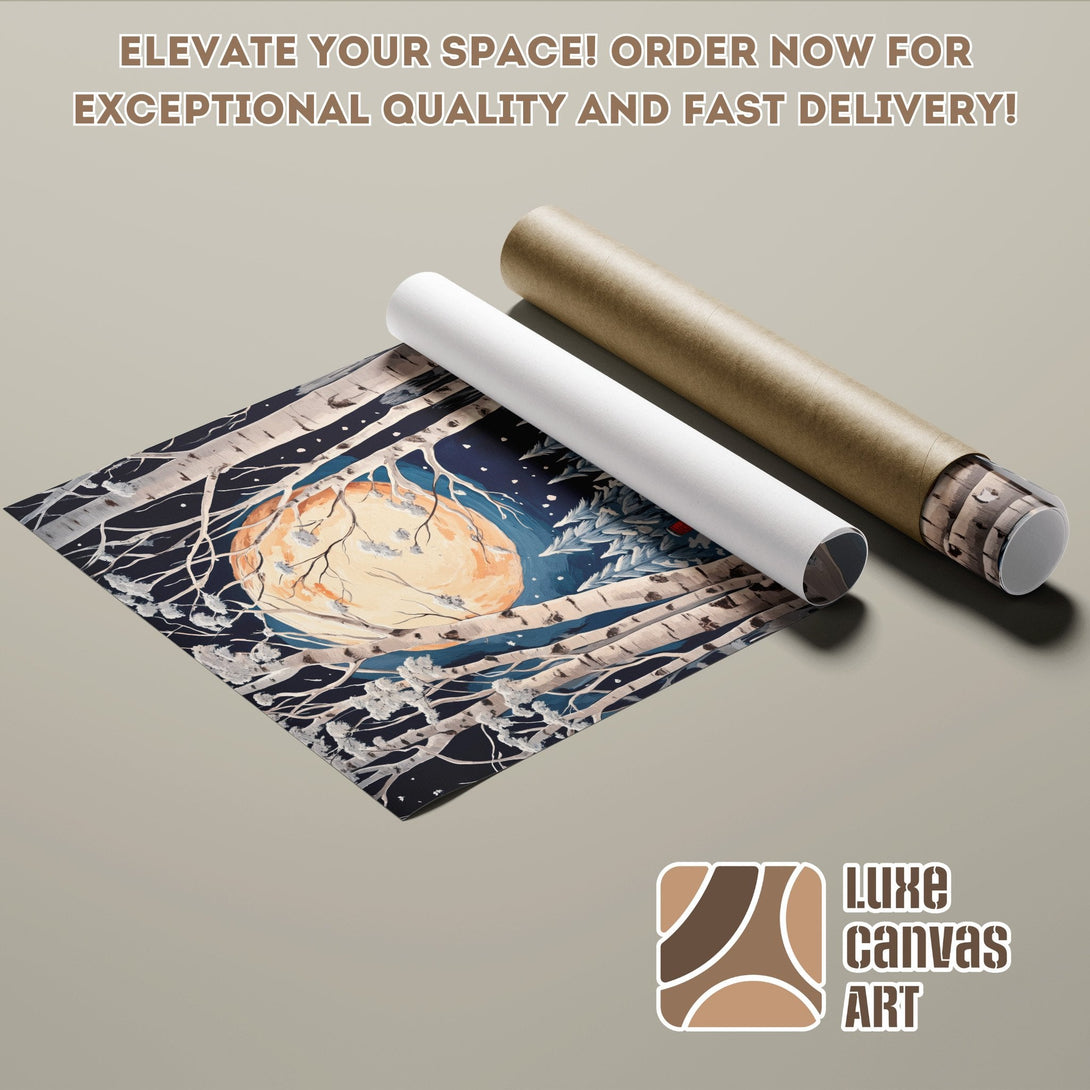 Poster Roll featuring a moonlit forest scene, artistic style, with blue and warm color palette.