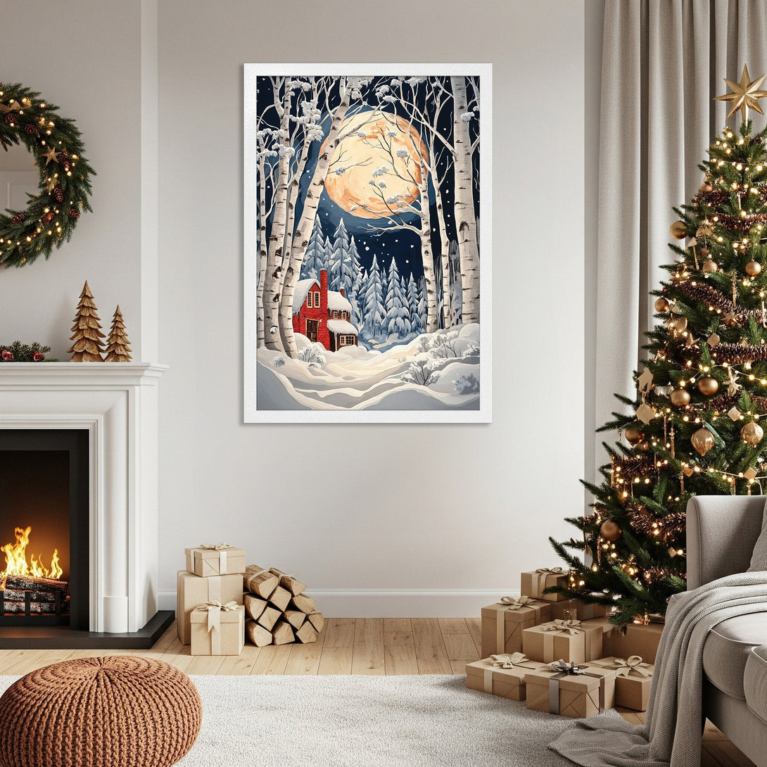 Framed Poster featuring a winter scene with a red cabin, birch trees, and a full moon. Watercolor style, cool blue & warm orange palette. Perfect holiday decor!