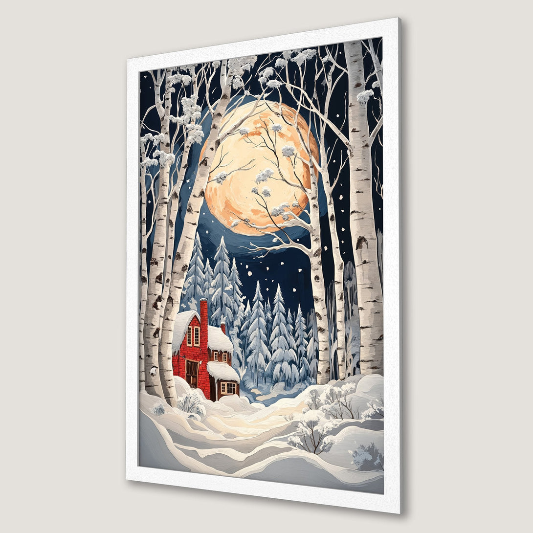 Framed Poster: Winter scene with red cabin, birch trees, and full moon. Watercolor style, blue, white, and orange color palette.