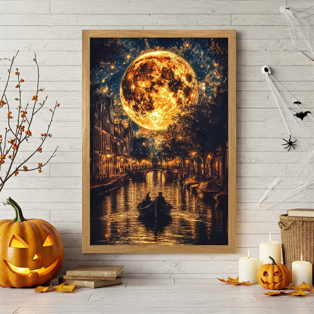 Framed Poster featuring a romantic canal scene under a glowing moon, in warm orange and dark tones. Perfect Halloween decor!