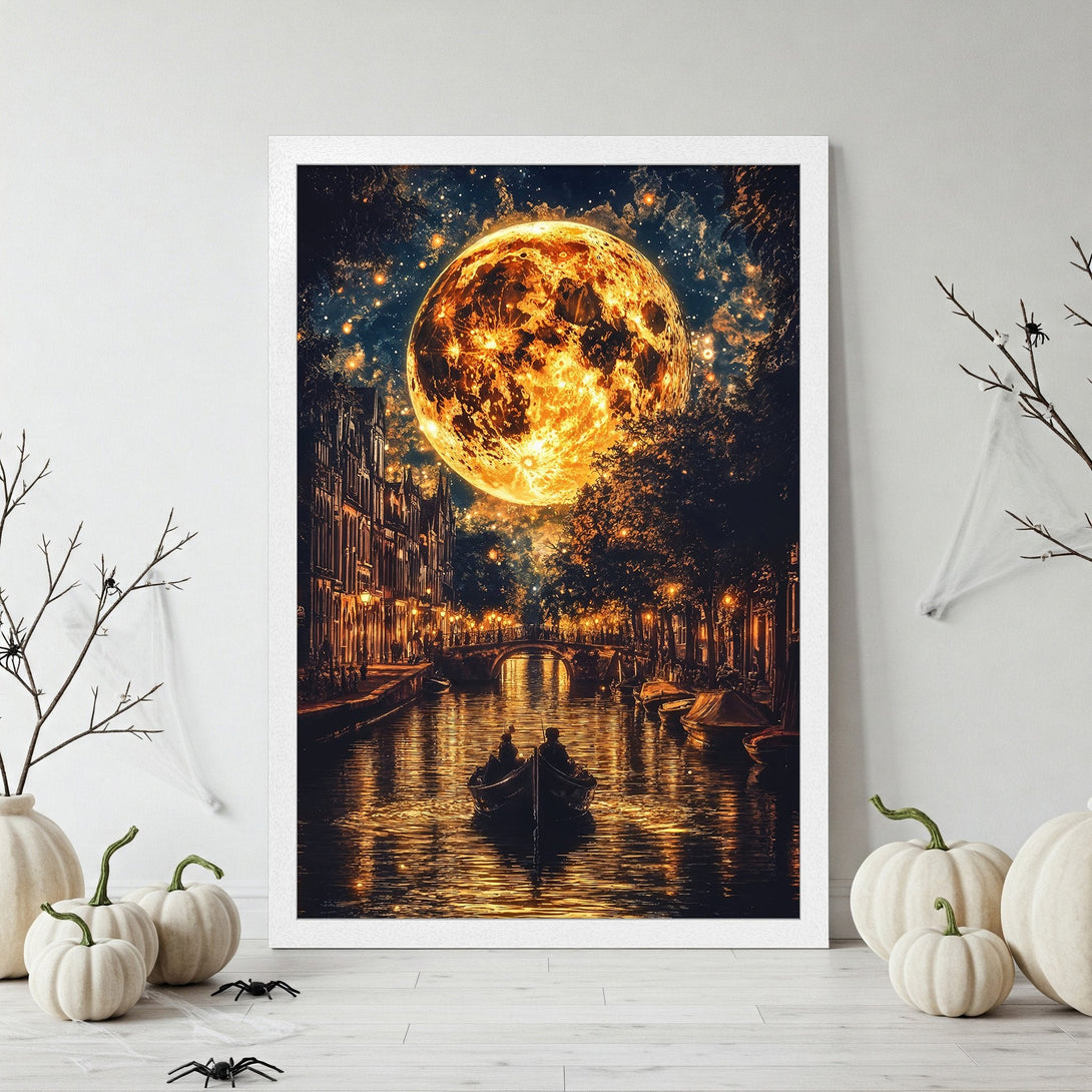 Framed Poster featuring a romantic canal scene under a glowing moon. Warm color palette, perfect for Halloween decor.