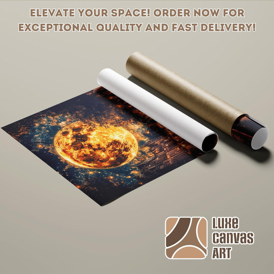 Poster Roll featuring a vibrant space scene with a fiery planet, in a dark blue and orange palette.