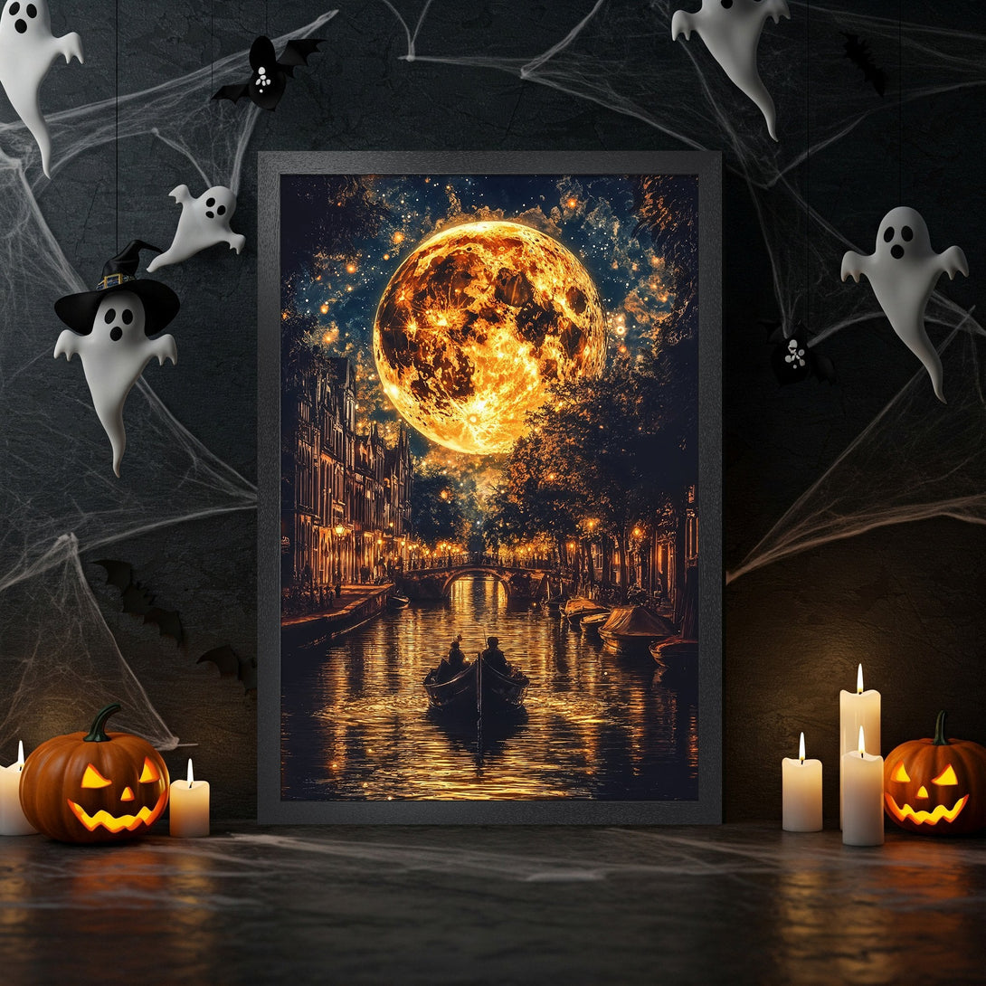 Framed Poster of a moonlit canal scene, dark and moody with warm orange and gold tones, perfect Halloween decor.