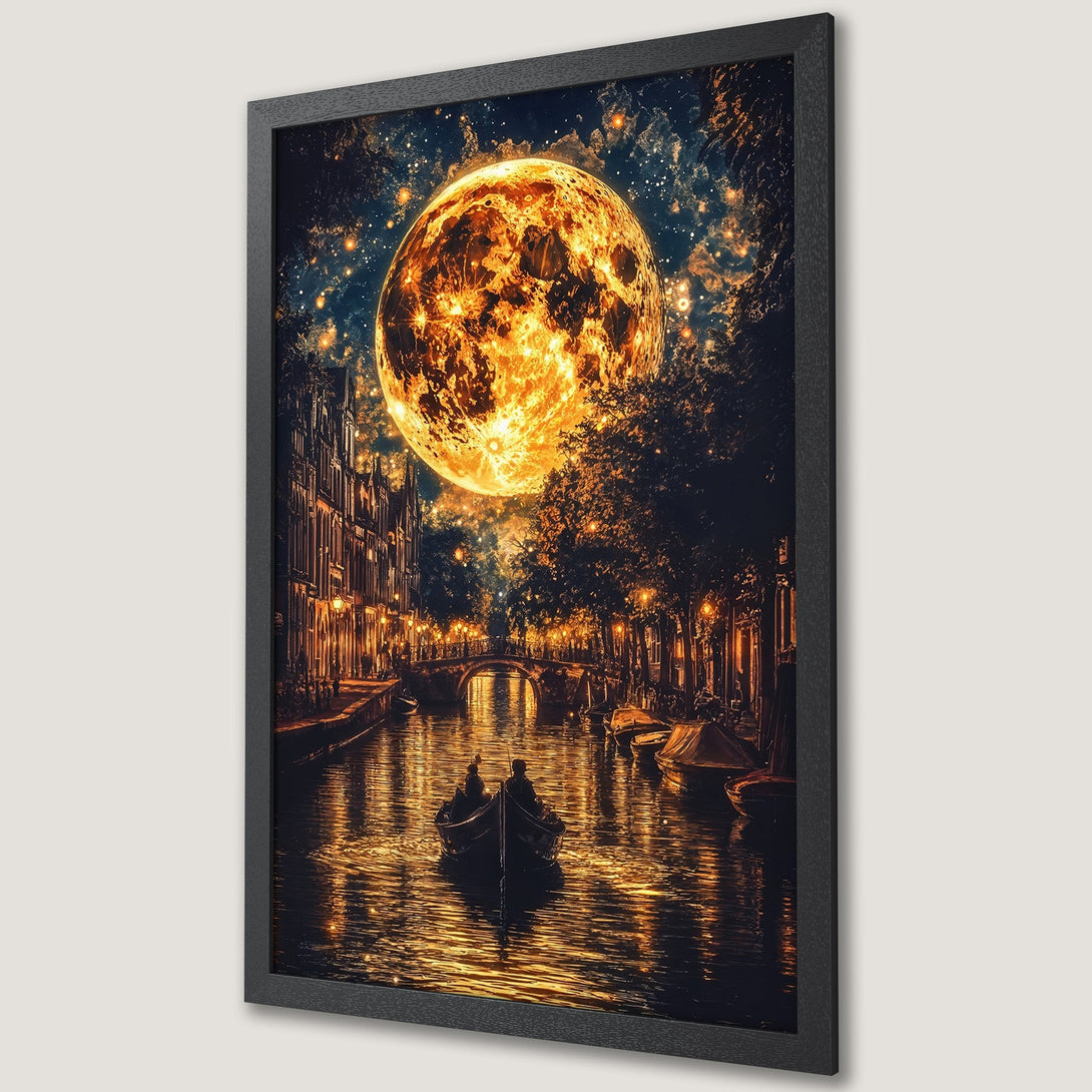 Framed Poster of a romantic canal scene under a giant moon. Warm gold and dark blue color palette. Perfect wall art.