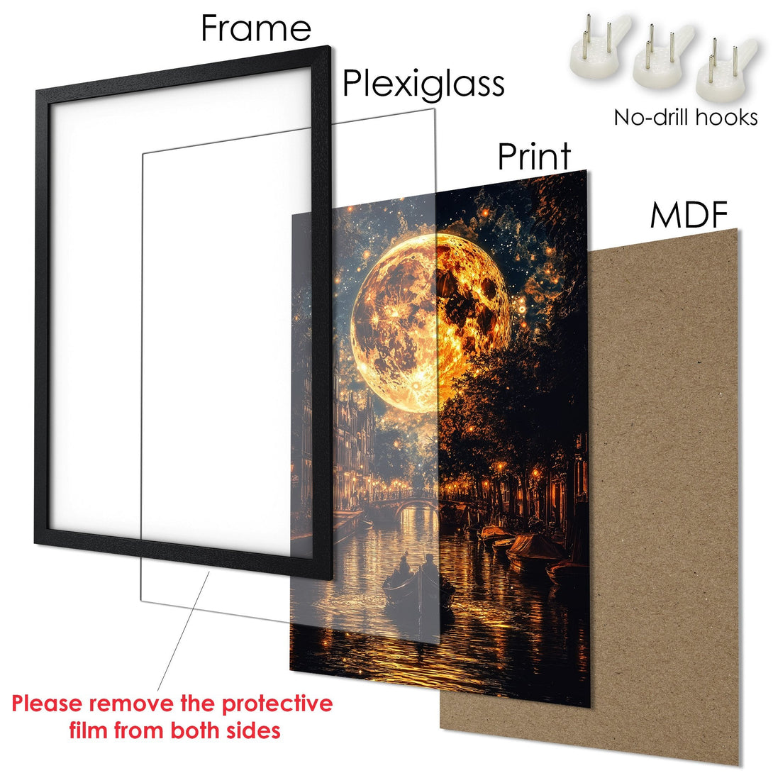 Framed Poster: Night scene with a large moon over a canal. Warm color palette, artistic style. Ready to hang art.