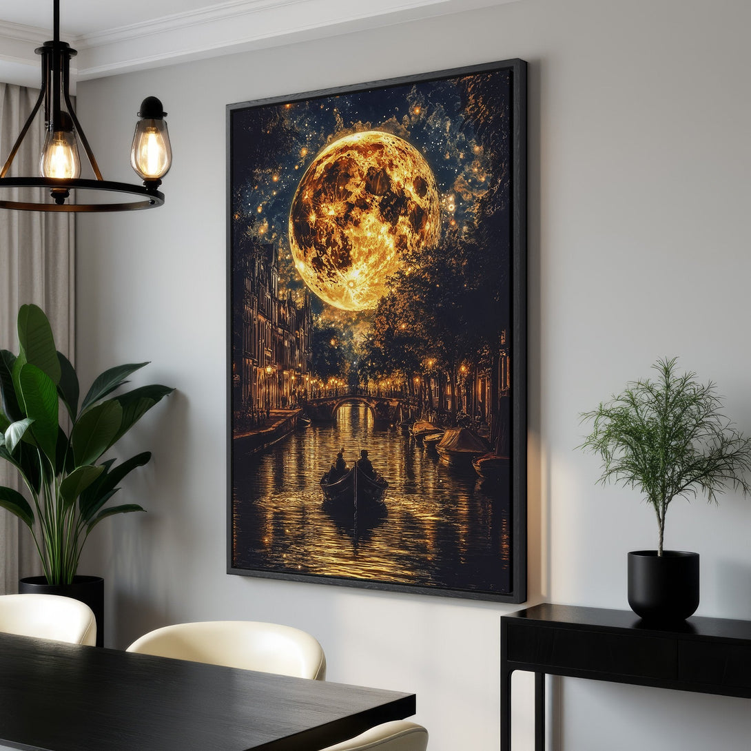 Framed Wall Art of a romantic canal scene under a glowing moon, warm gold and dark blue color palette. Perfect for adding ambiance to any room.