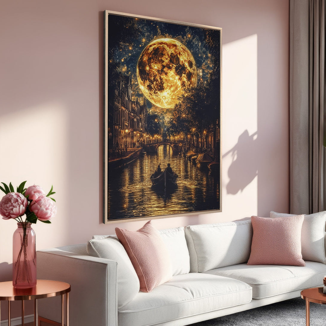 Framed Wall Art: Romantic canal scene with a glowing moon. Warm gold and dark blue color palette. Perfect for adding a touch of elegance to your home decor.
