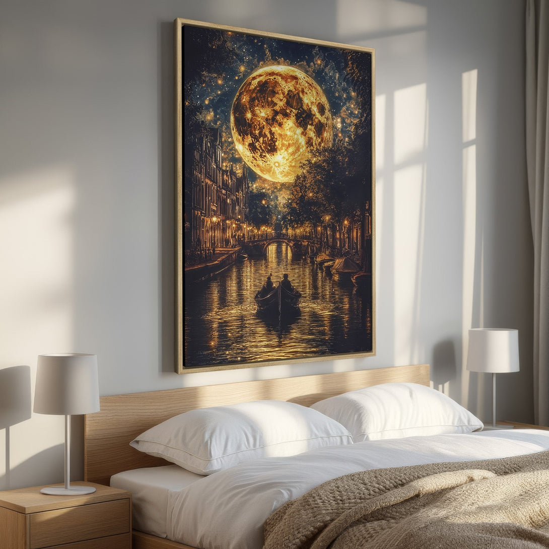Framed Wall Art: Romantic canal scene under a glowing moon. Warm gold and dark blue palette. Perfect for bedroom decor. Bring the magic home!