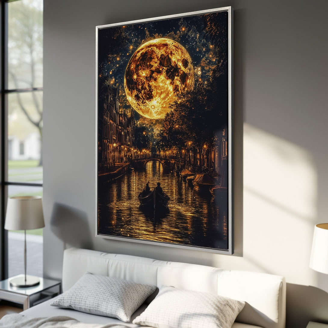 Framed Wall Art: Romantic canal scene with a glowing moon, in a warm, golden color palette. Perfect for adding a touch of magic to your bedroom decor.