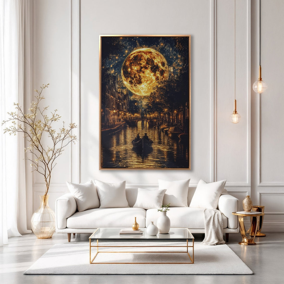 Framed Wall Art: Romantic canal scene with a glowing moon. Warm gold and dark blue color palette. Adds elegance to any interior. Shop now!