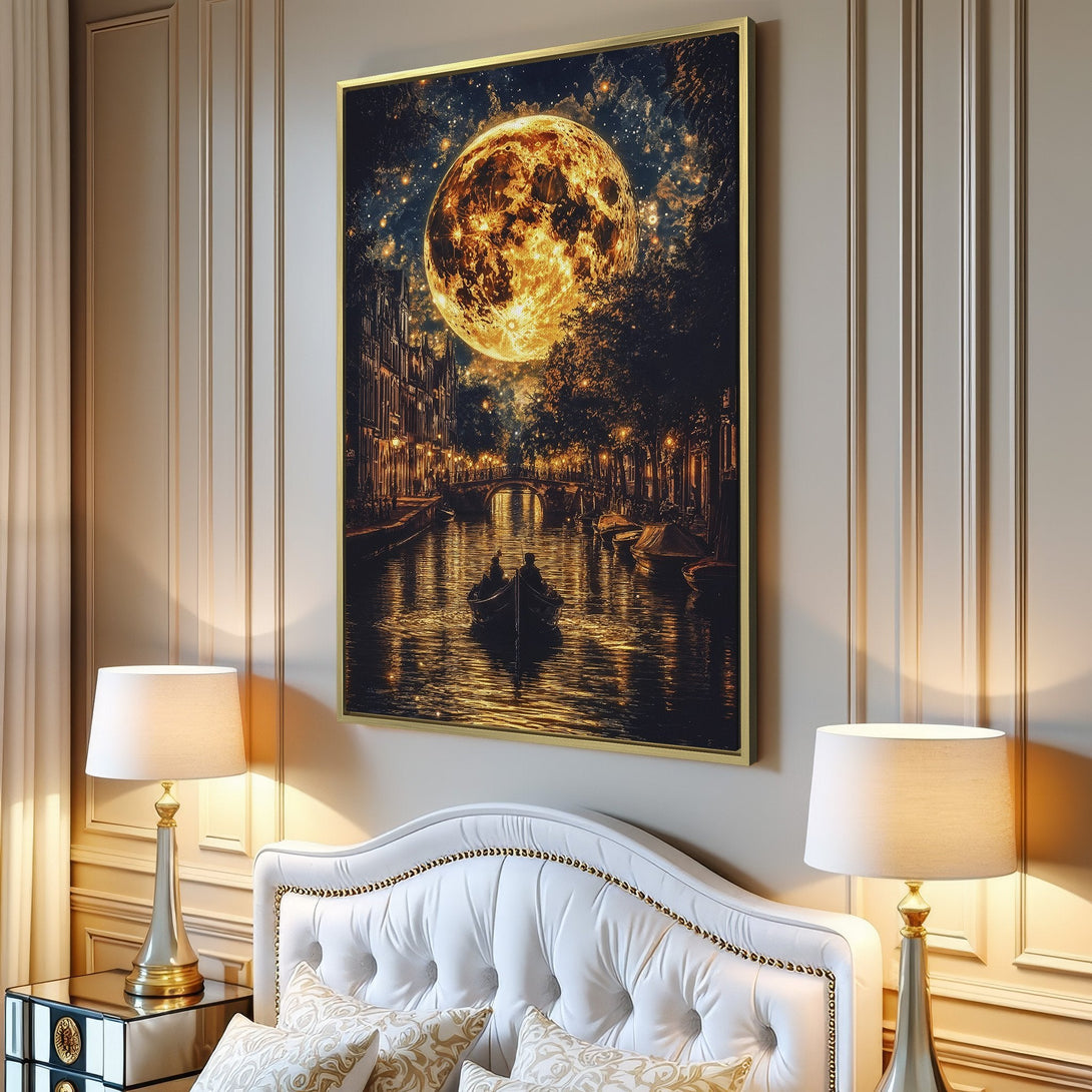 Canvas Print of a romantic canal scene with a large moon, warm gold and blue tones, perfect for home decor.